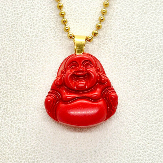 Natural Red Cinnabar Mini Buddha Pendant with Gold Plated Stainless Steel Chain Necklace