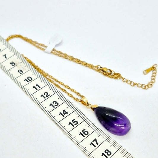 Natural Amethyst RainDrop Pendant with Stainless Steel Chain Necklace