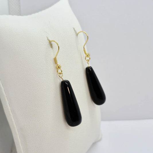 Natural Black Agate Dangle Earrings in Gold Plated Stainless Steel