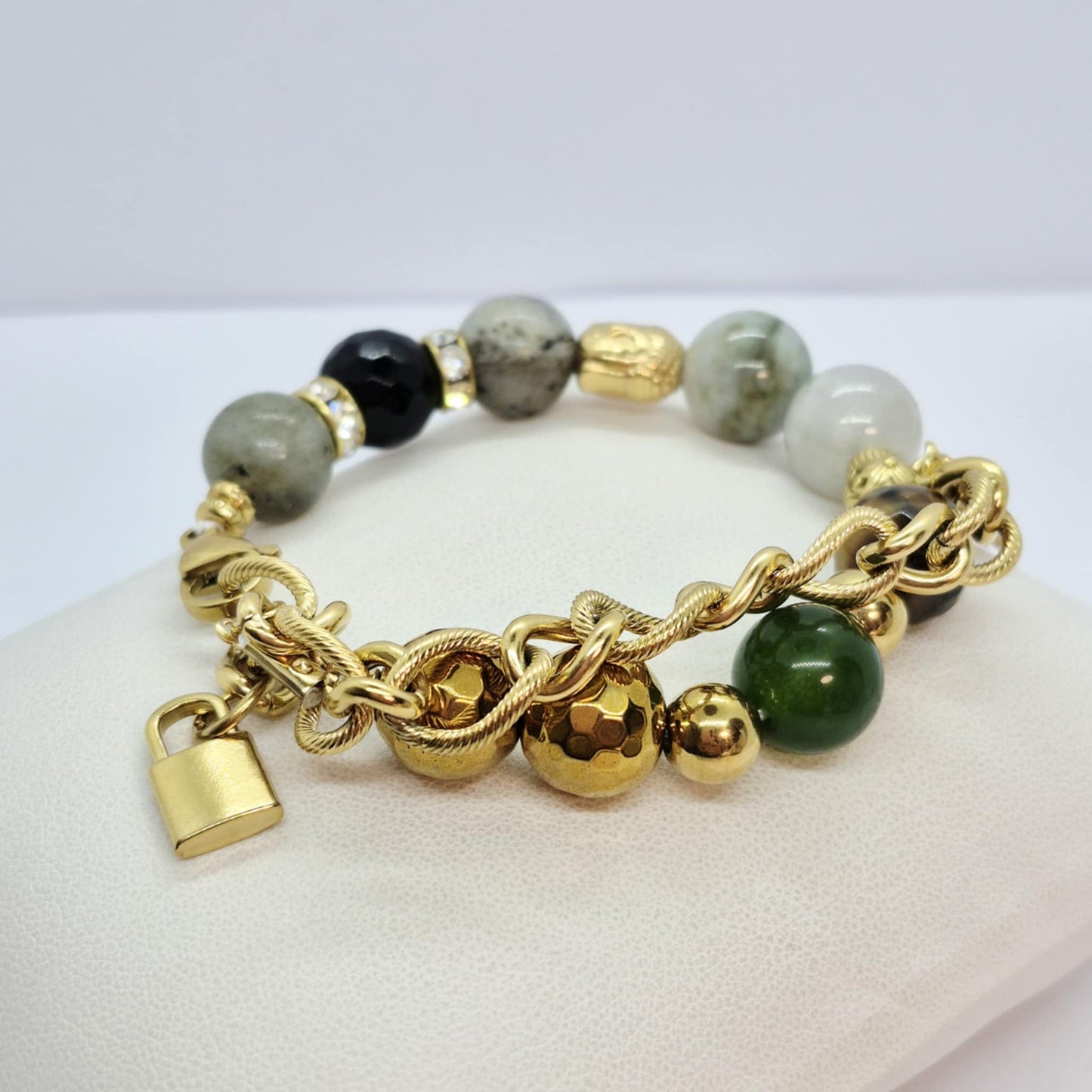 Natural Stone Bracelet with Burmese and Hetian Jade, Hematite, Tiger Eye, Labradorite and Obsidian in 12mm Stones