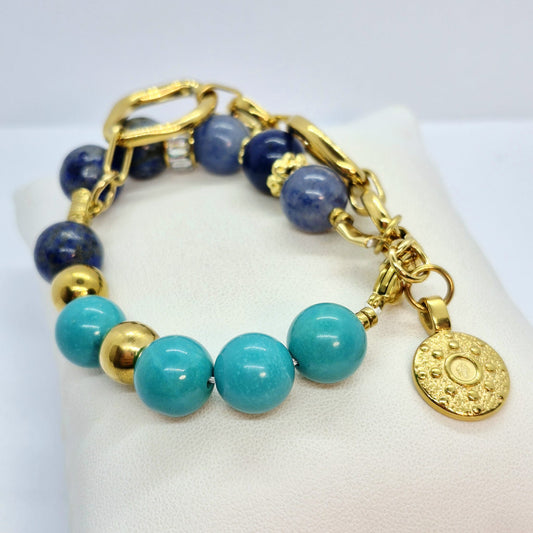 Natural 12mm Blue Stone Bracelet with Turquoise, Lapis and Aventurine