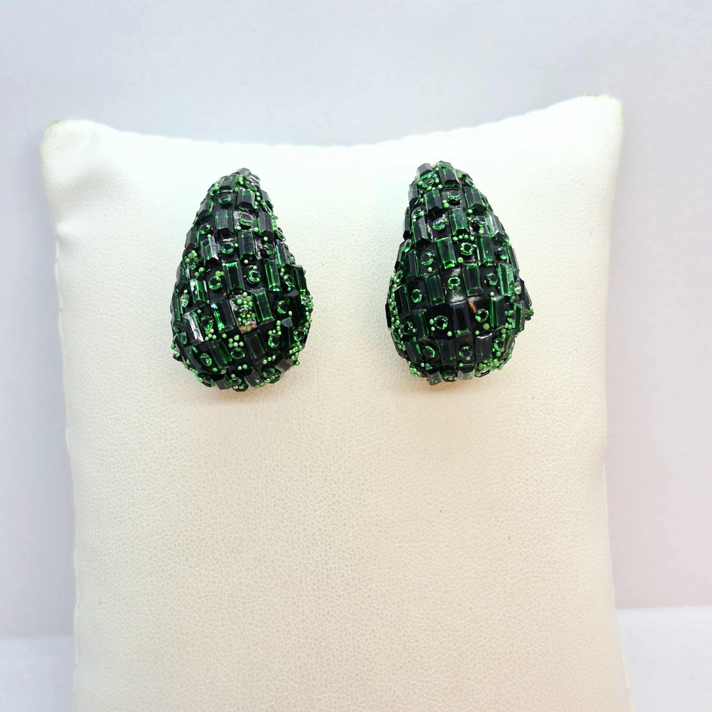 Big Raindrop Earrings with Green Glass and Resin in Stainless Steel