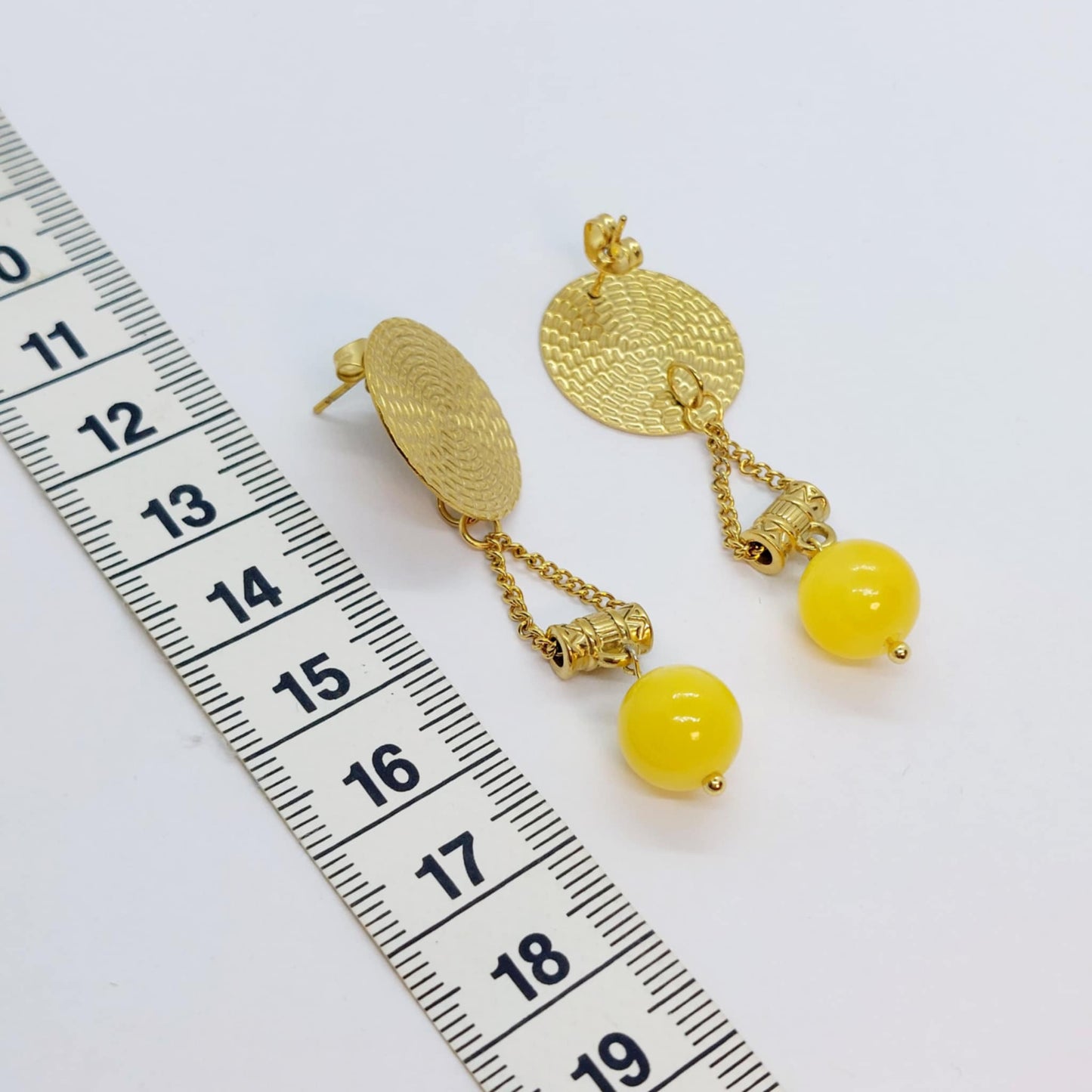 Natural Yellow Jade Dangle Earrings in Gold Plated Stainless Steel