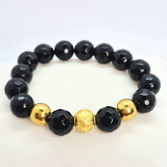 Natural Faceted Black Onyx Bracelet in 12mm Stone