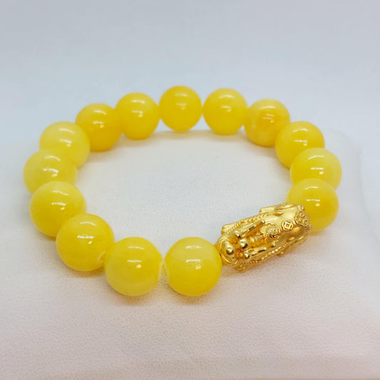 Natural Yellow Jade Bracelet with Pixiu in 12mm Stones