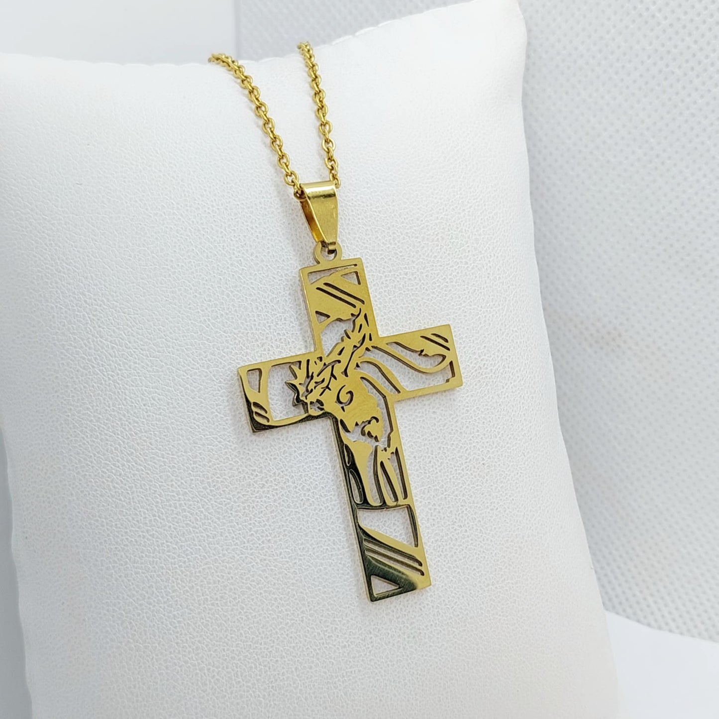 Cross with Jesus in Stainless Steel Gold Plated Chain Necklace