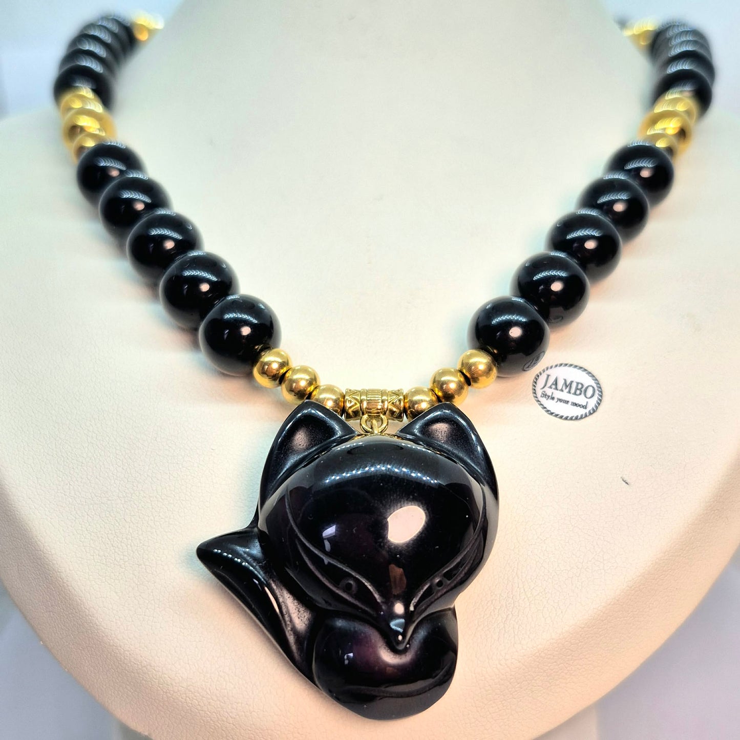 Natuurlijke Obsidiaan Halsketting Choker met 12mm Stenen en Obsidiaan Negenstaartige Vos Hanger