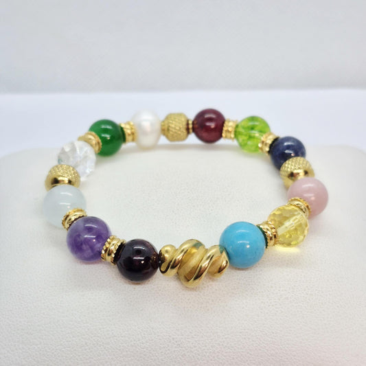 12 Month Birthstones Bracelet in 10mm Natural Stones incl Garnet, Amethyst, Aquamarine, Crystal, Jade, Pearl, Ruby, Sapphire, Opal, Citrine & Turquoise