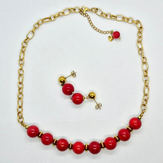 Natural Coral Dyed Red Set in 12mm Stones and Gold Plated Stainless Steel with Chain Necklace