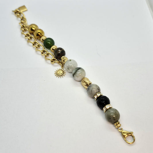 Natural Stone Bracelet with Burmese and Hetian Jade, Hematite, Tiger Eye, Labradorite and Obsidian in 12mm Stones