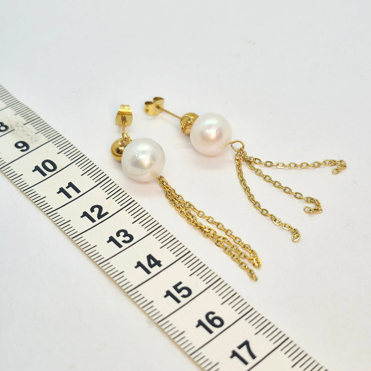 Natural 12mm Pearl Dangle Earrings in Stainless Steel Gold Plated