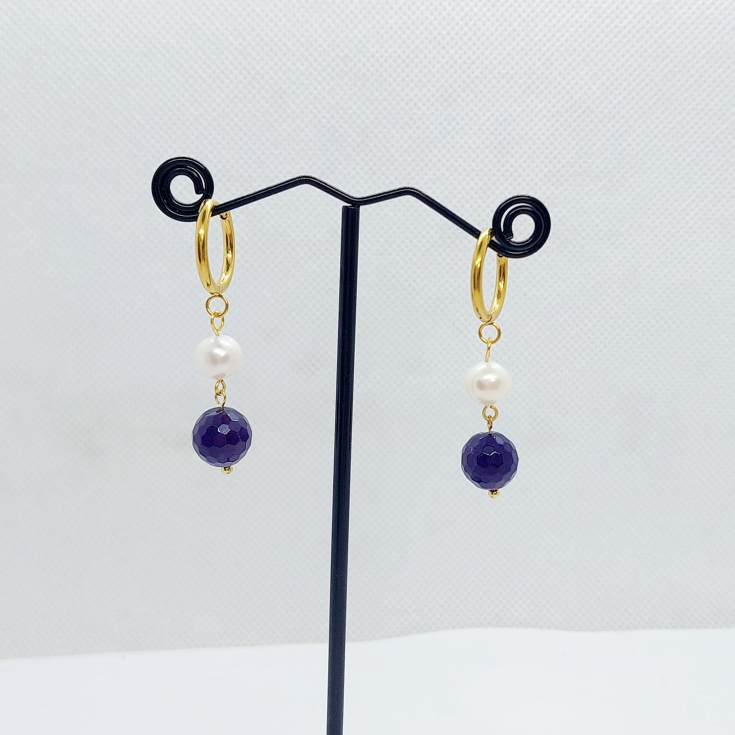 Natural Amethyst and Pearl Dangle Hoop Earrings in Gold Plated Stainless Steel