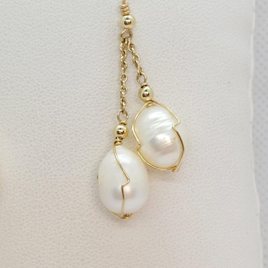 Natural Pearl Dangle Earrings in 10K Gold
