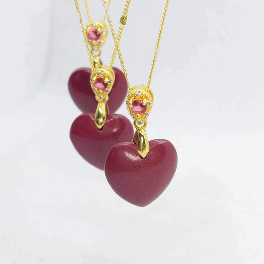 Synthetic Vermilion Cinnabar Heart Pendant with Sterling Silver Chain Necklace