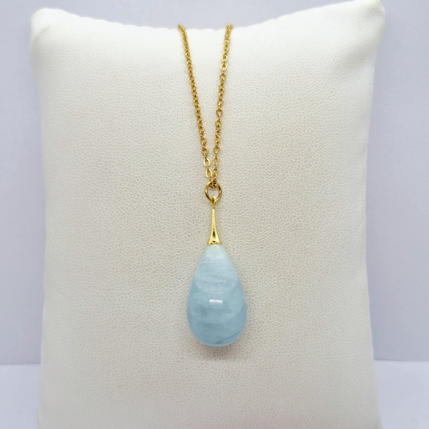 Natural Aquamarine Raindrop Pendant with Stainless Steel Gold Plated Chain Necklace