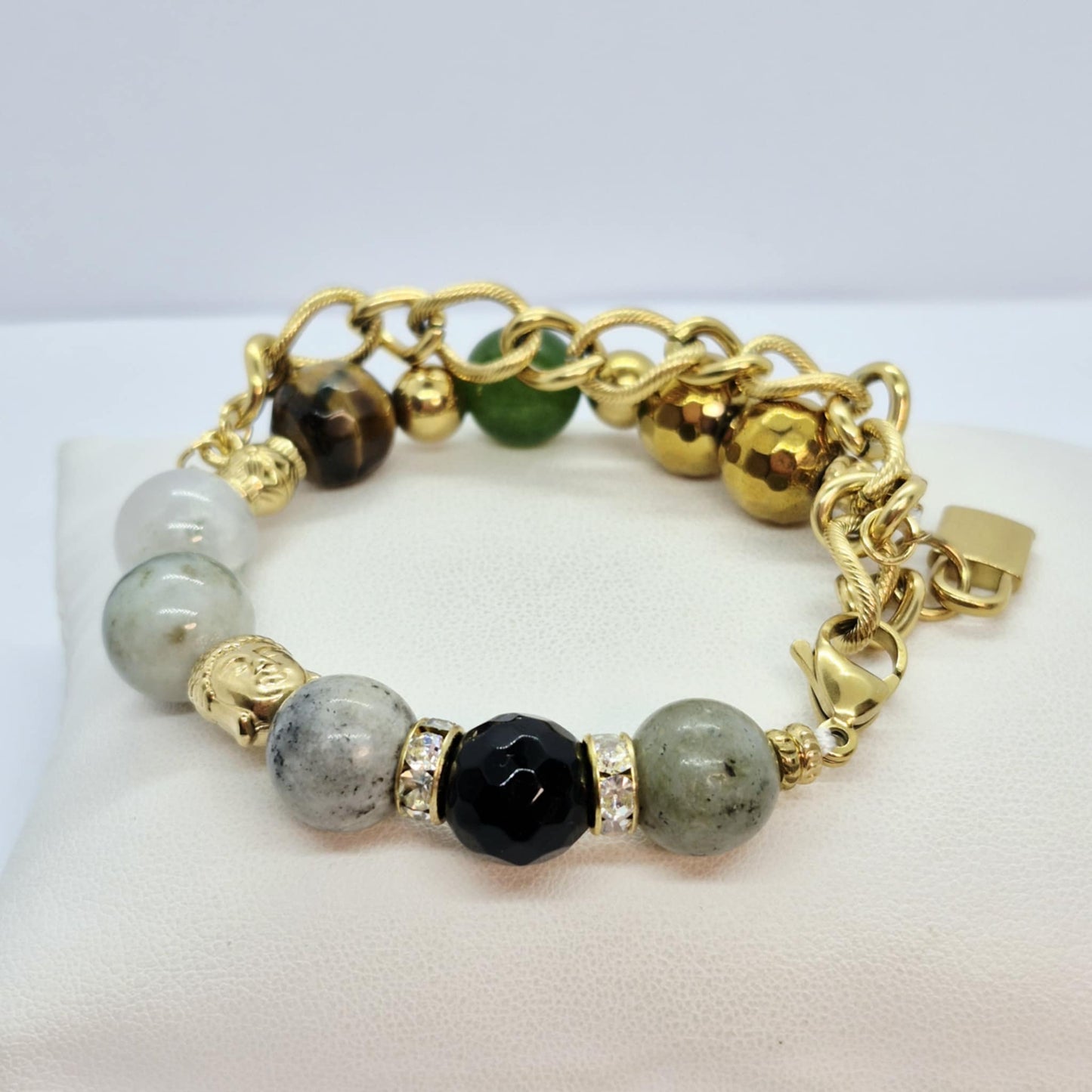 Natural Stone Bracelet with Burmese and Hetian Jade, Hematite, Tiger Eye, Labradorite and Obsidian in 12mm Stones
