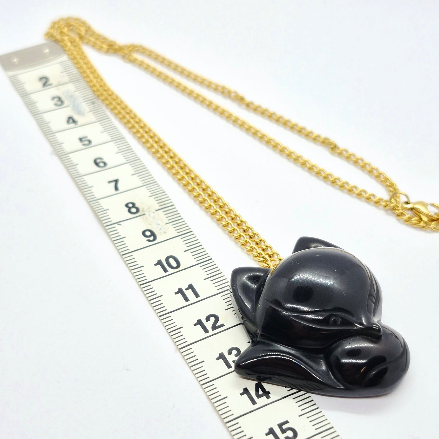 Natural Obsidian Nine Tail Fox Pendant with Stainless Steel Gold Plated Chain Necklace