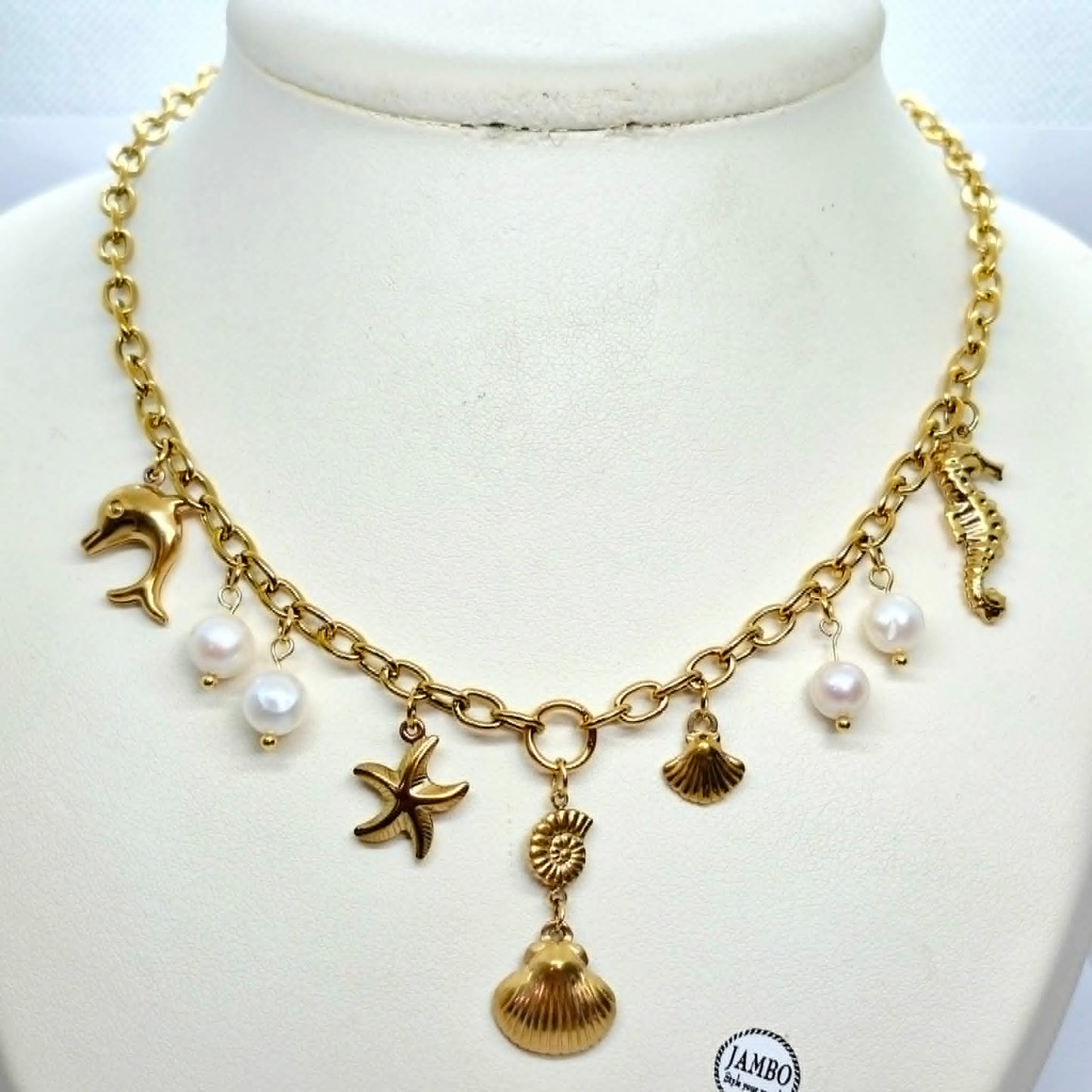 Sea Themed Necklace with Natural Pearls in Stainless Steel Gold Plating