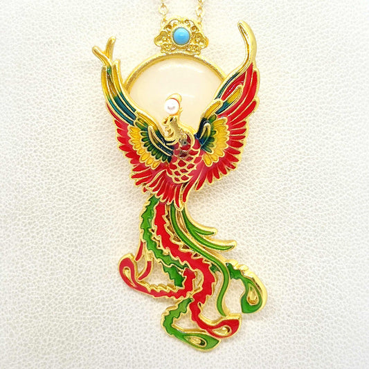 Natural Hetian Jade Pendant and Brooch Silver Plated Phoenix with Chain Necklace