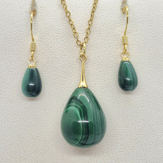 Natural Malachite Raindrop Set with Stainless Steel Gold Plated Chain Necklace