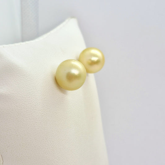 Natural 14mm South Sea Champagne Pearl Earrings in Solid 14K Gold
