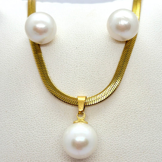Natural 12mm Edison Pearl Set in Gold Plated Stainless Steel with Snake Chain Necklace