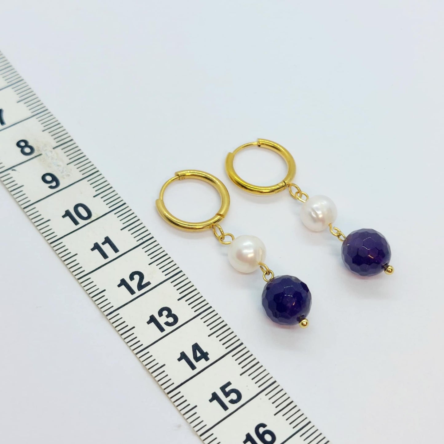 Natural Amethyst and Pearl Dangle Hoop Earrings in Gold Plated Stainless Steel