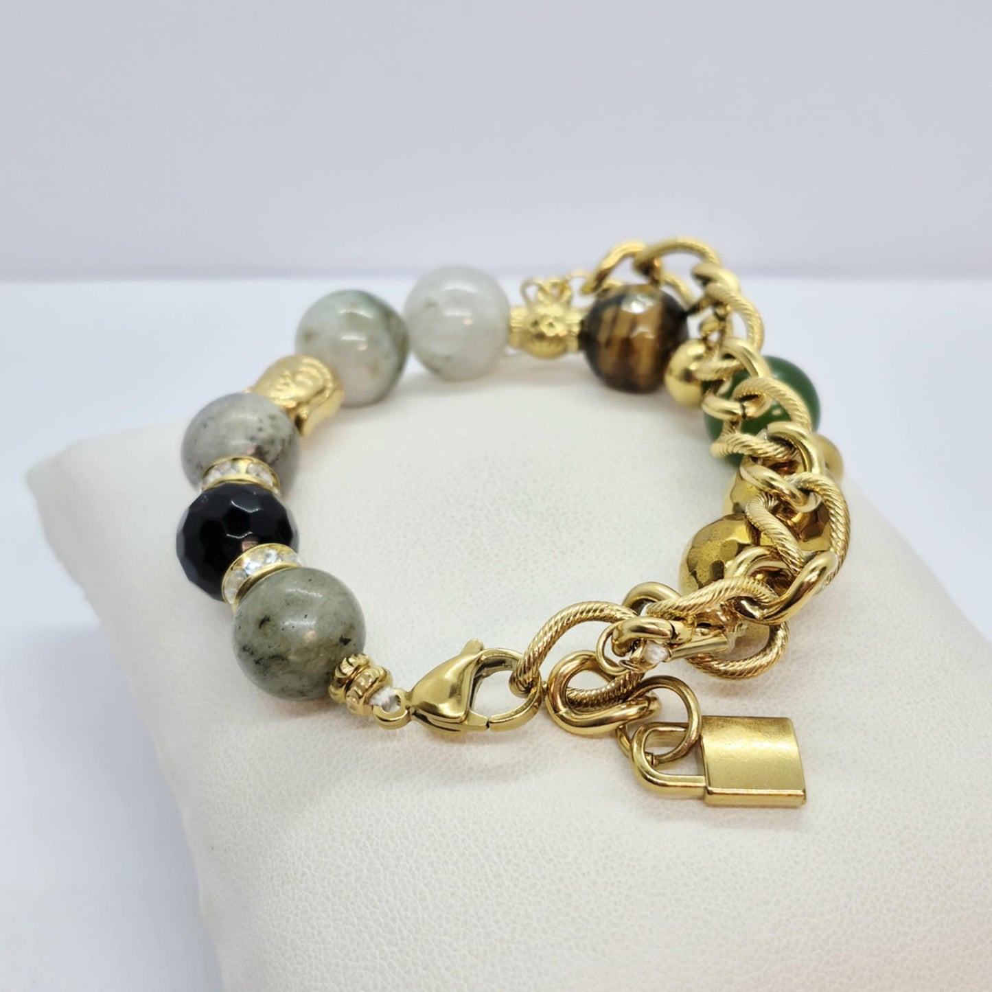 Natural Stone Bracelet with Burmese and Hetian Jade, Hematite, Tiger Eye, Labradorite and Obsidian in 12mm Stones