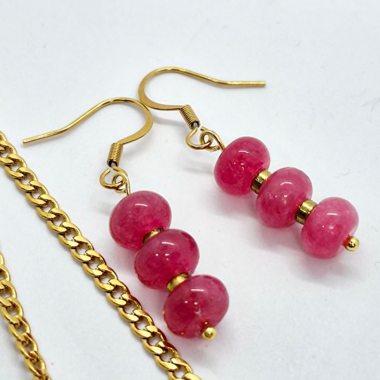 Natural Pink Chalcedony Set in Gold Plated Stainless Steel with Chain Necklace