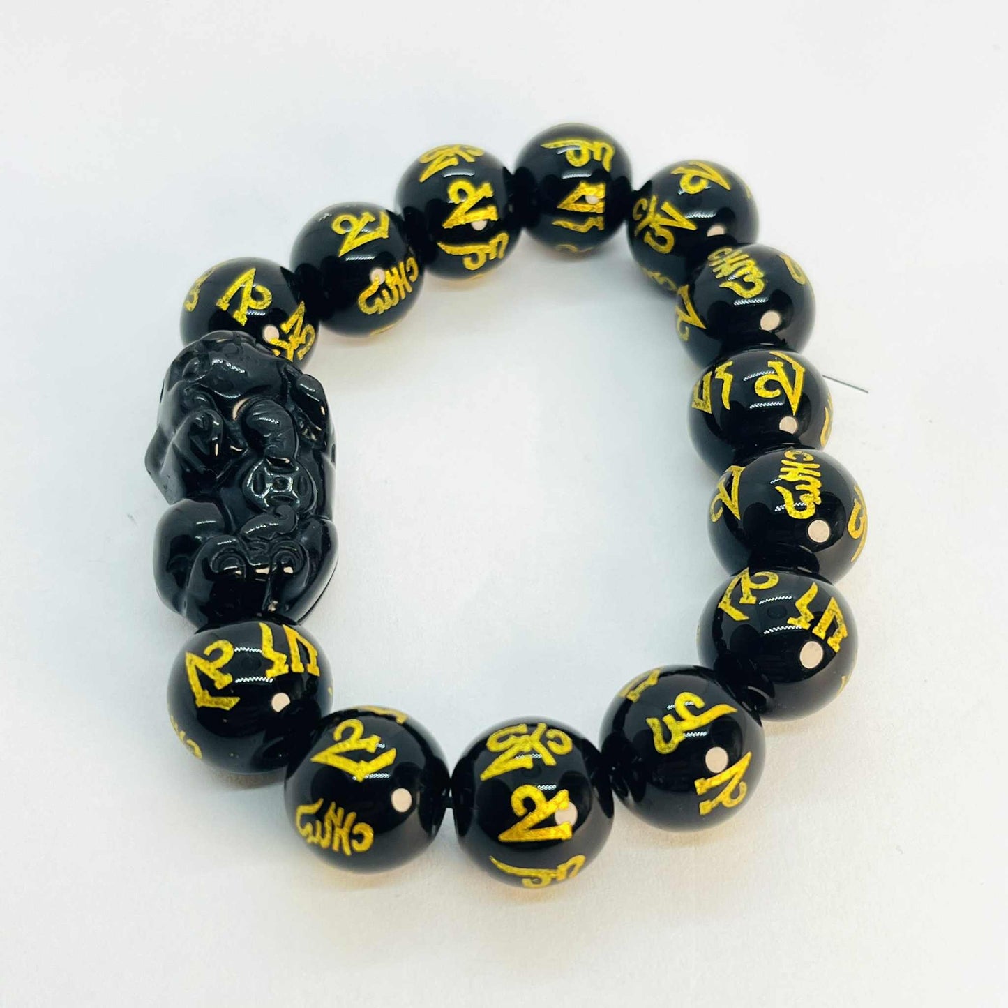 Natural Obsidian Bracelet in 14mm Stones with Obsidian Pixiu