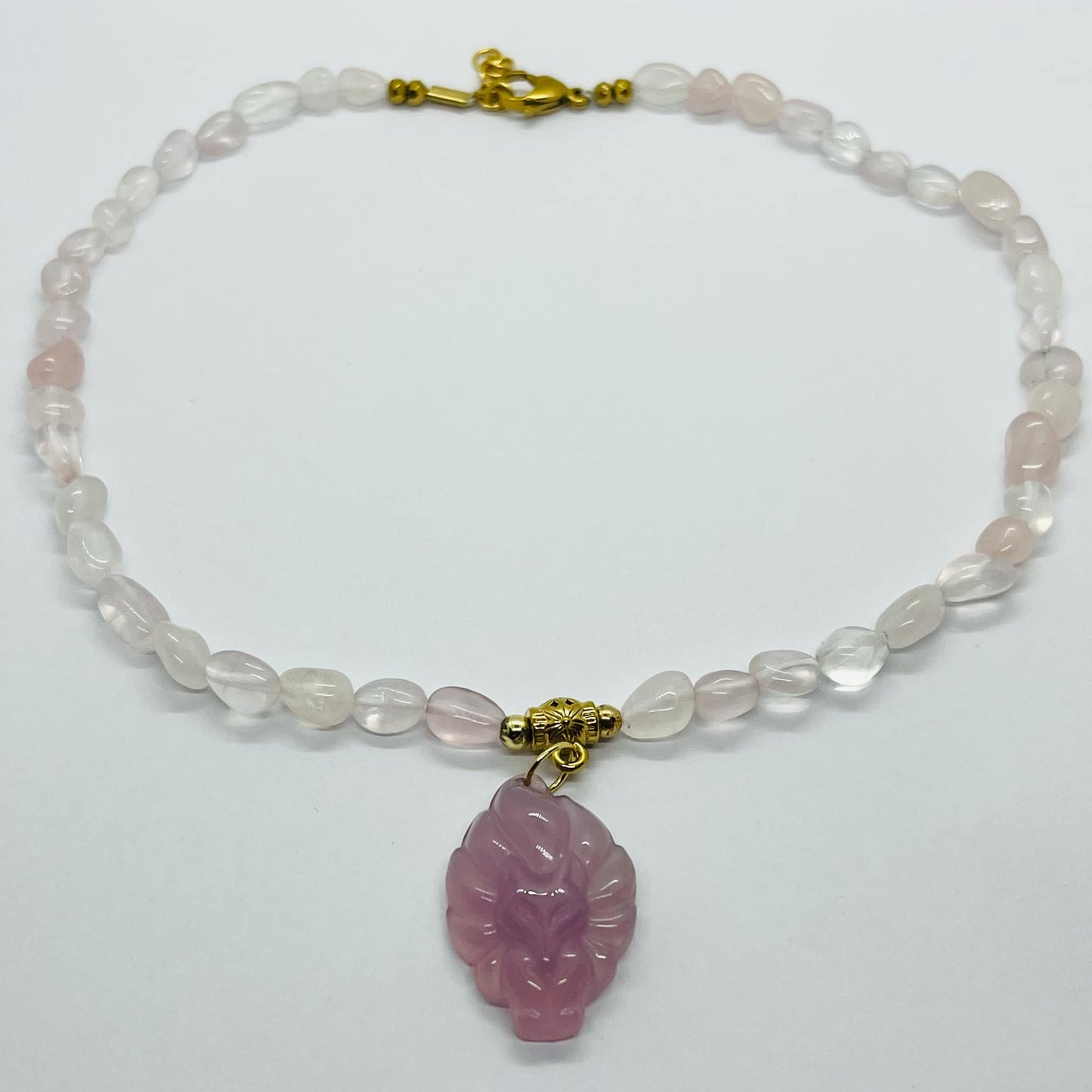 Natural Rose Quartz Choker with Purple Chalcedony Nine Tailed Fox Pendant Necklace