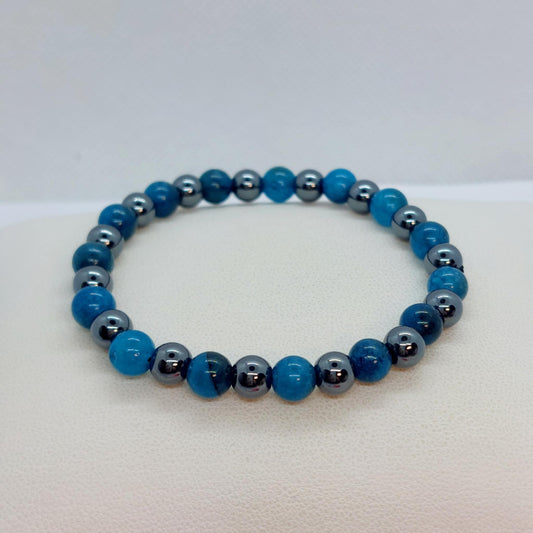 Natural Blue Apatite and Hematite Bracelet 6mm Stones