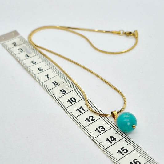 Natural Turquoise 12mm Stone Pendant with Gold Plated Stainless Steel Snake Chain Necklace