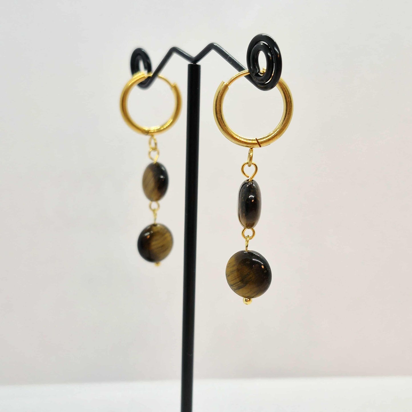 Button Tiger Eye Dangle Earrings In gold Plated Stainless Steel