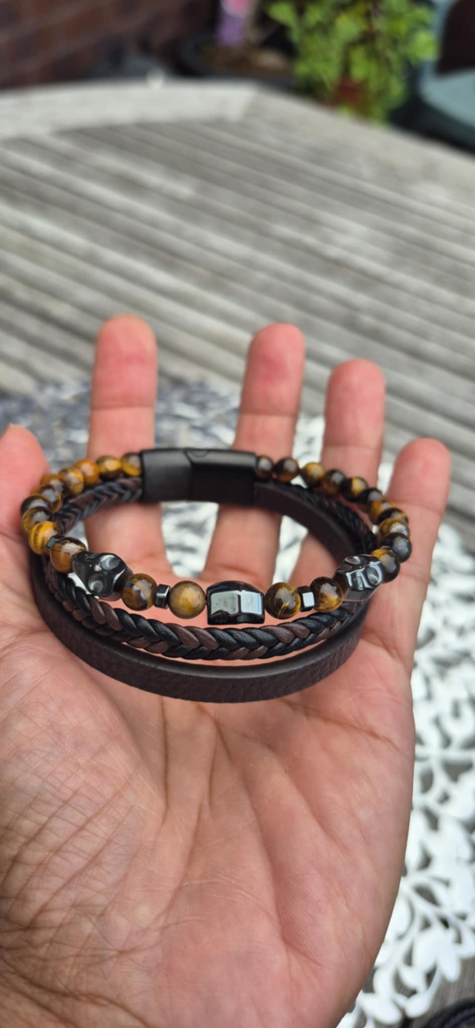 Natural Stone Leather Bracelets for Men with Hematite, Lapis, Turquoise or Tiger Eye