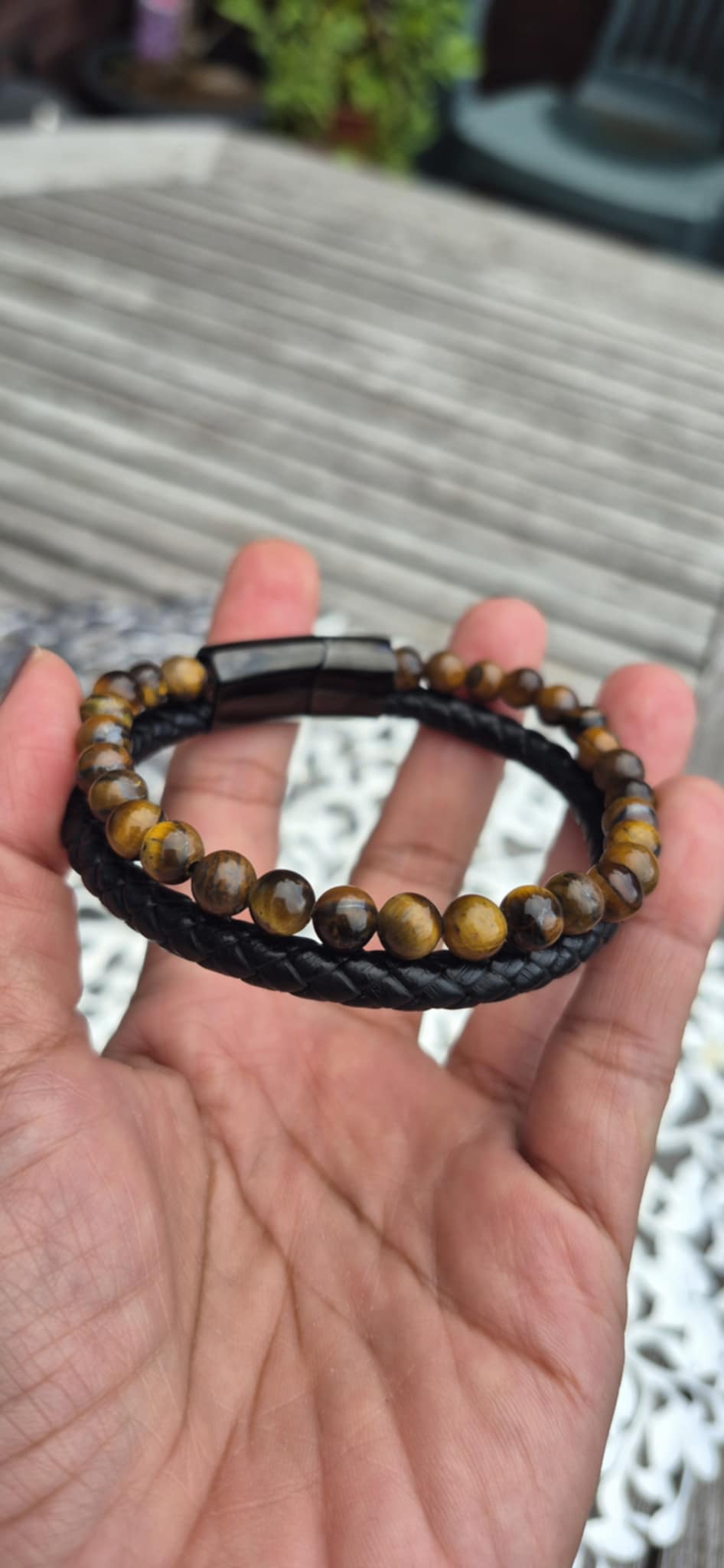 Natural Stone Leather Bracelets for Men with Hematite, Lapis, Turquoise or Tiger Eye