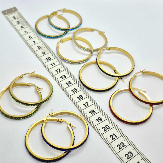 Stainless Steel Gold Plated 40mm Hoop Earrings with Colored Rhinestone