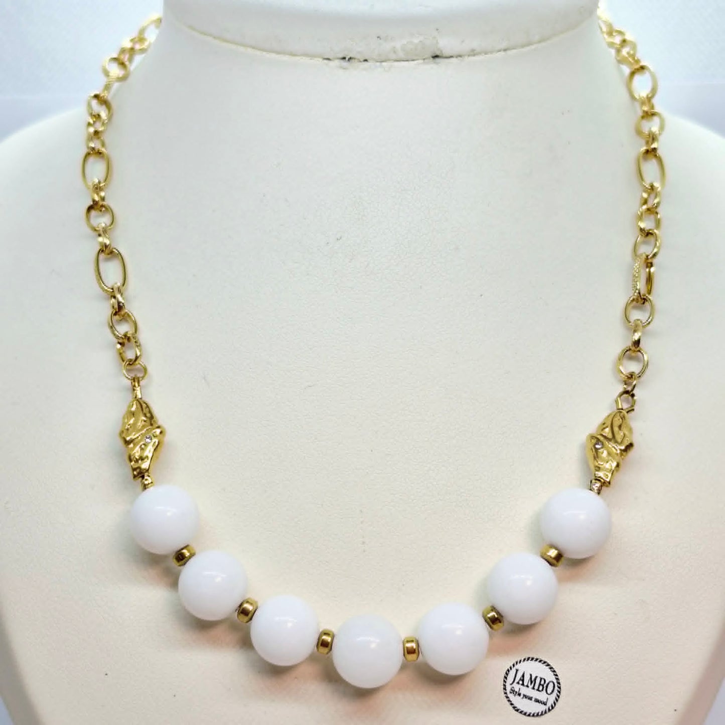 White Porcelain Set in 12mm Stones and Gold Plated Stainless Steel with Chain Necklace