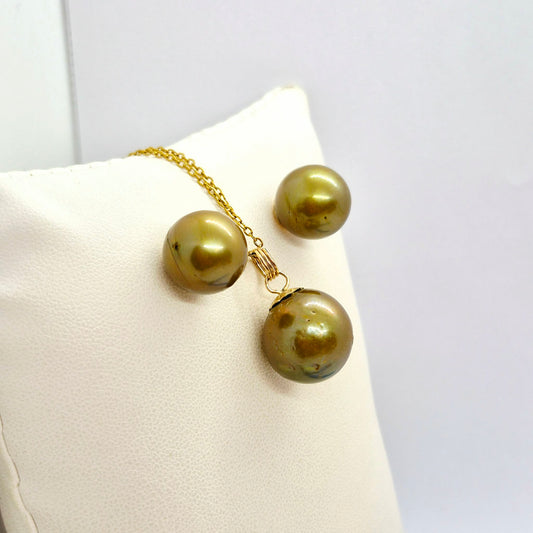 Natural Green South Sea Pearl Earrings with 14-16mm Stones in Solid 14K Gold