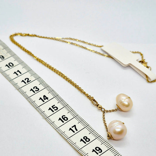 Natural Double Baroque Peach Pearl Pendant in Gold Plated Stainless Steel with Chain Necklace