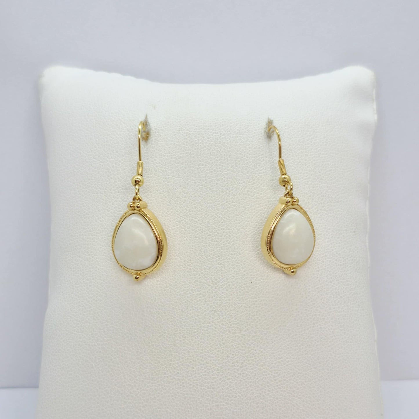 Natural White Jade Dangle Earrings in Gold Plated Stainless Steel