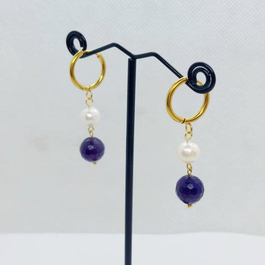 Natural Amethyst and Pearl Dangle Hoop Earrings in Gold Plated Stainless Steel