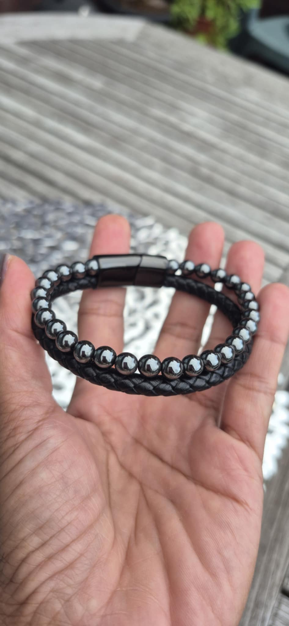 Natural Stone Leather Bracelets for Men with Hematite, Lapis, Turquoise or Tiger Eye