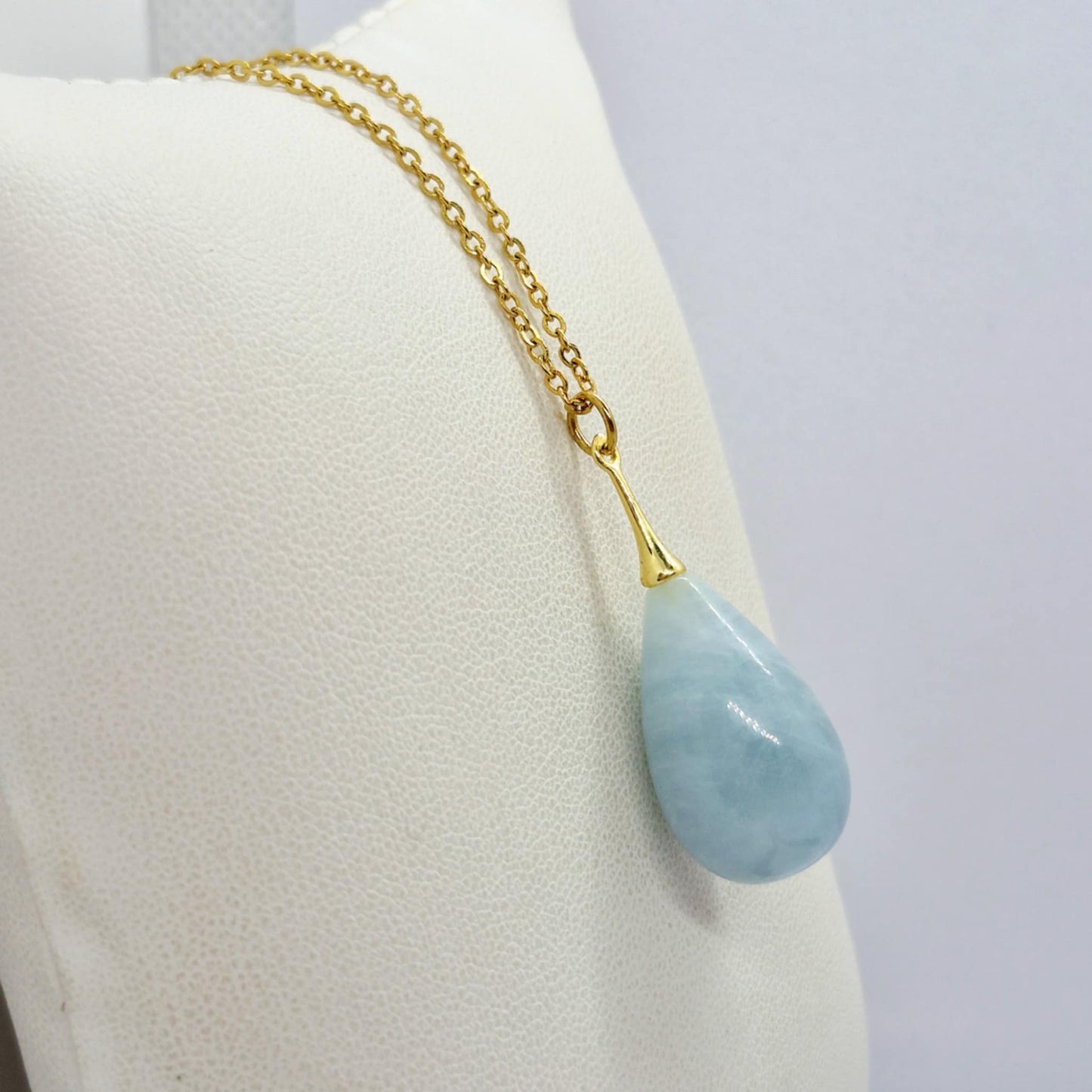 Natural Aquamarine Raindrop Pendant with Stainless Steel Gold Plated Chain Necklace