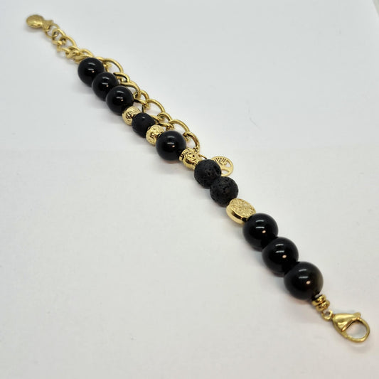 Natural Stone Bracelet with Obsidian and Lava in 12mm Stones
