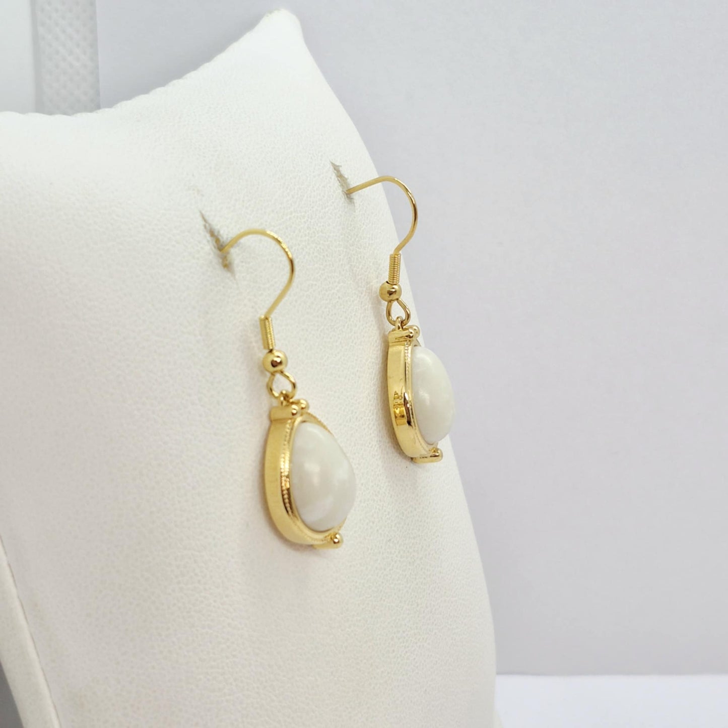 Natural White Jade Dangle Earrings in Gold Plated Stainless Steel