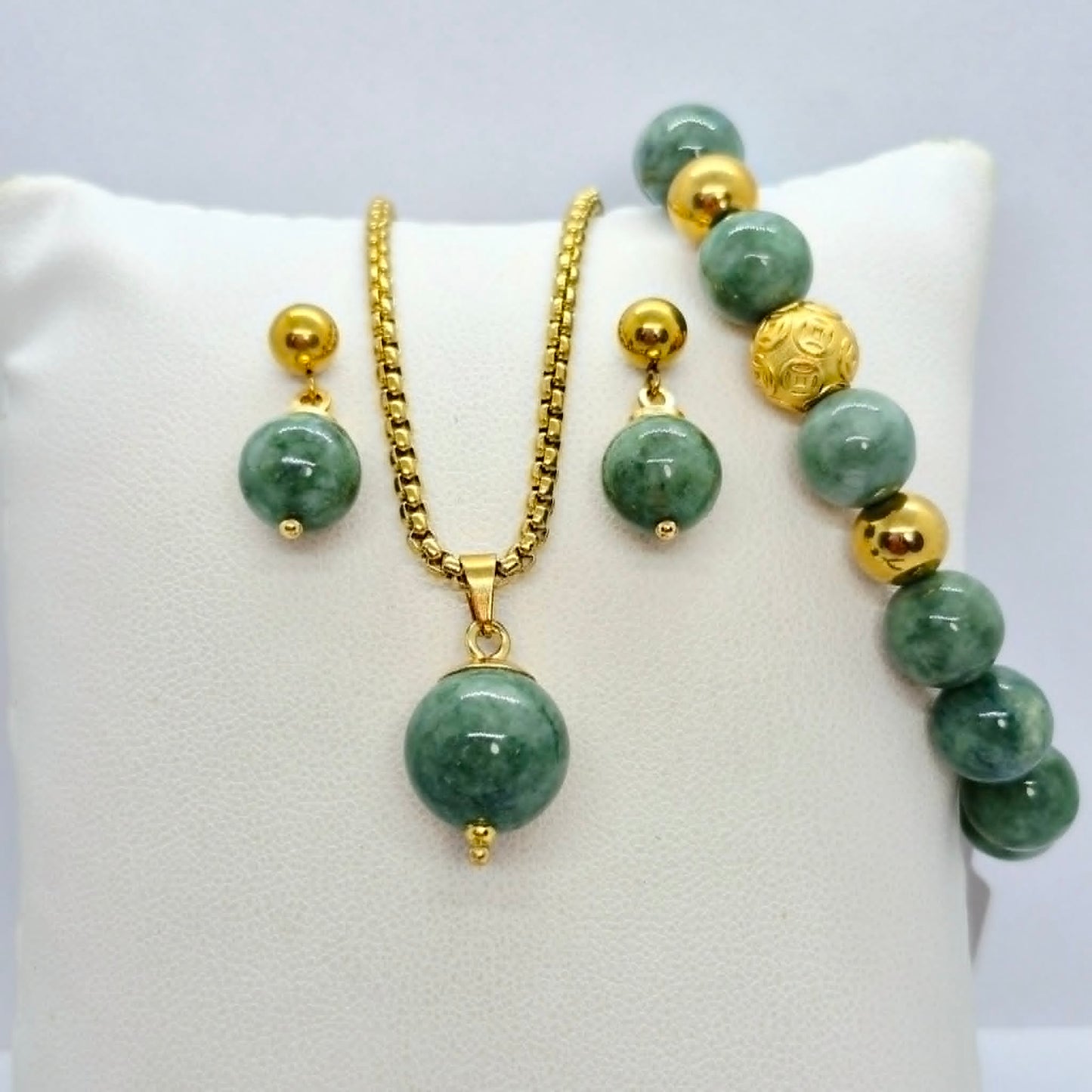 Natural Burmese Jade Set in Gold Plated Stainless Steel