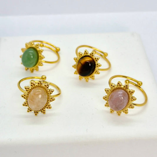 Natural Stone Ring in Gold Plated Stainless Steel Resizeable, Tiger Eye, Rose Quartz, Yellow Jade and Aventurine