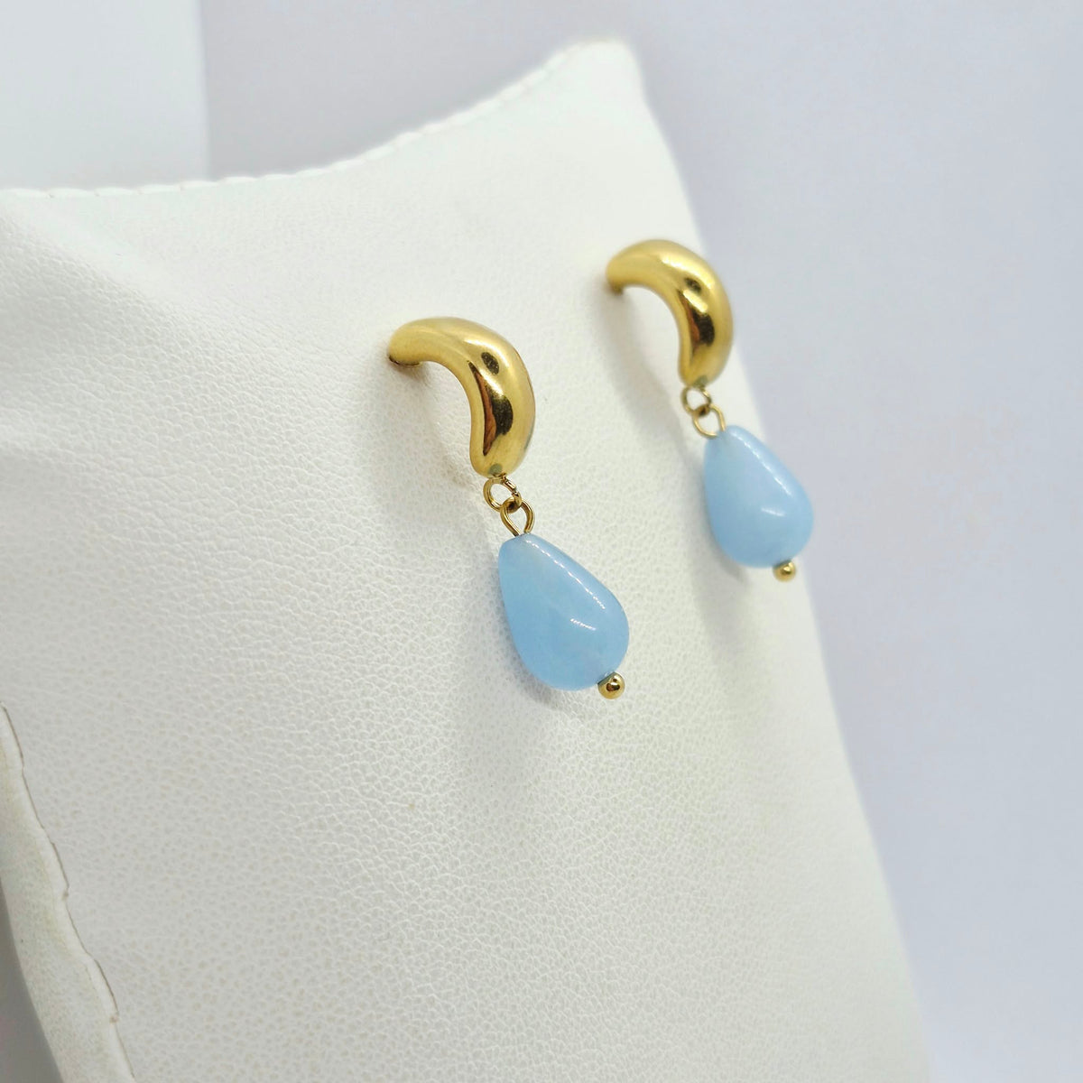 Natural Blue Chalcedony Dangle Earrings in Stainless Steel Gold Plated
