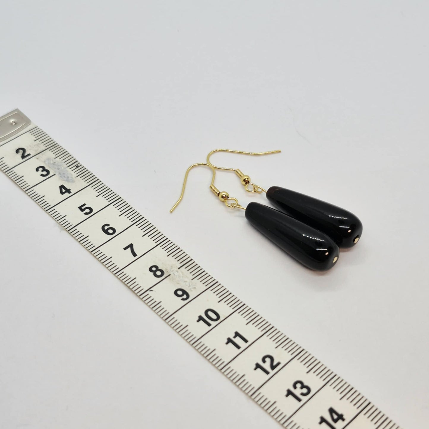 Natural Black Agate Dangle Earrings in Gold Plated Stainless Steel